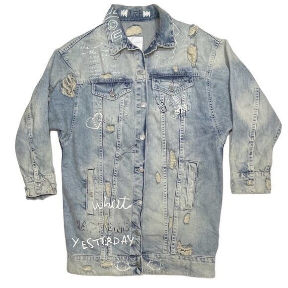 ZARA TRAFALUC DENIM Destroyed Graffiti Long Jean Jacket Women Small 90s Grunge - Picture 1 of 16